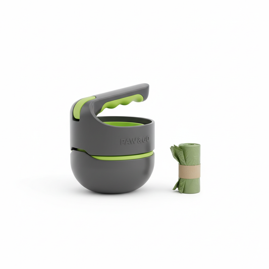 Foldable pet pooper scooper shown folded next to decomposable bags on white background